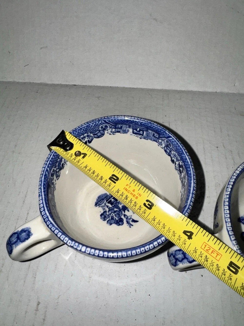 Vintage Blue Willow China Cups Pair Loop Handles Pagoda Blue White Tea Cups